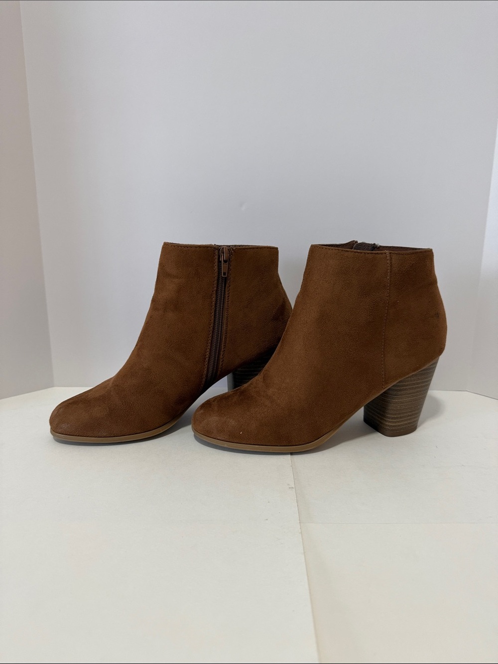 Charlotte Russe Chestnut Brown Suede Ankle Booties with Stacked Heel